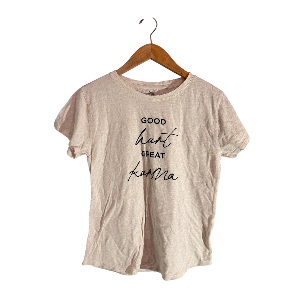 Good Hart Great Karma Graphic Tee Shirt‎ Womens XS Beige Short Sleeve V-Neck